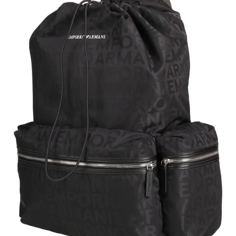 New‎ Emporio Armani Black Nylon oversized Drawstring Logo Backpack